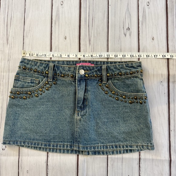 Edikted Studded Denim Mini Skirt Y2K Low Rise Blue Jean Festival Size S - Picture 7 of 8